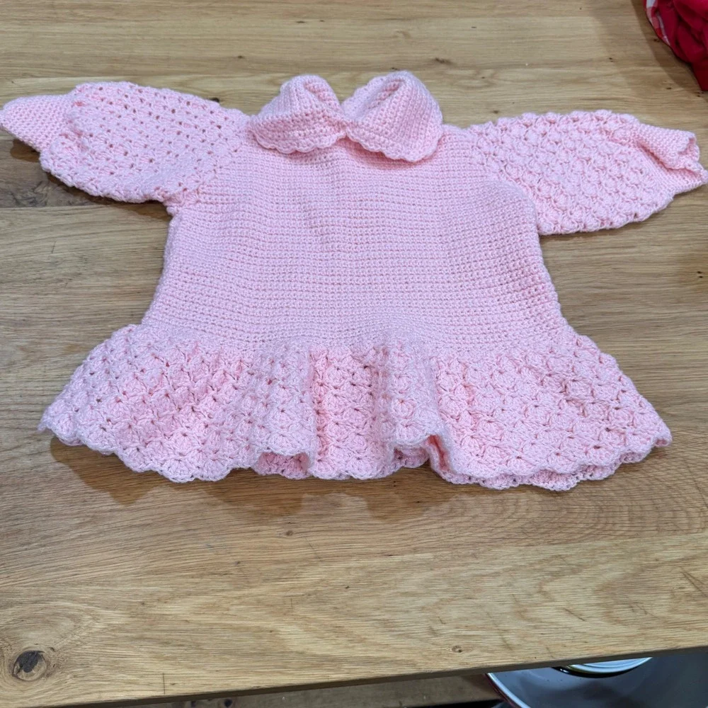 Handmade Pink Crochet Baby Dress Shimmer Knit Peter Pan Collar Shell 12-18M